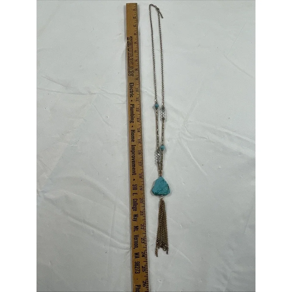 Large Turquoise Color Stone Boho Tassel Necklace Festival Statement